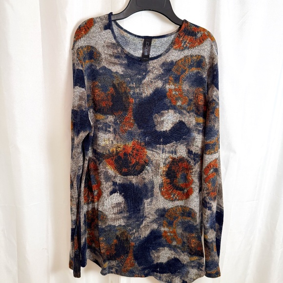 Royce Gray Navy Orange Abstract Print Sweater XL Asymmetrical Hem Made in Canada - Picture 1 of 8